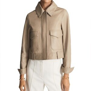 Reiss Neutral Katia Leather Trucker Jacket